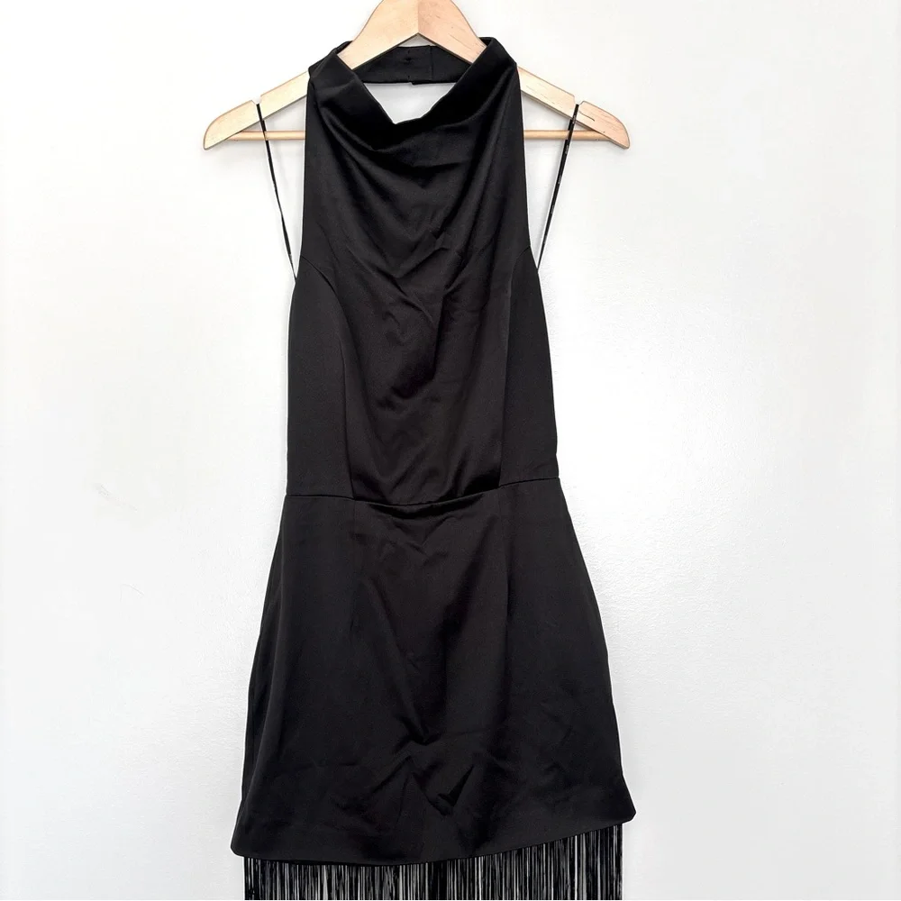 ELLIATT x Revolve Beatrice Halterneck Draped Neckline Fringe Black Dress Size S - Picture 7 of 16
